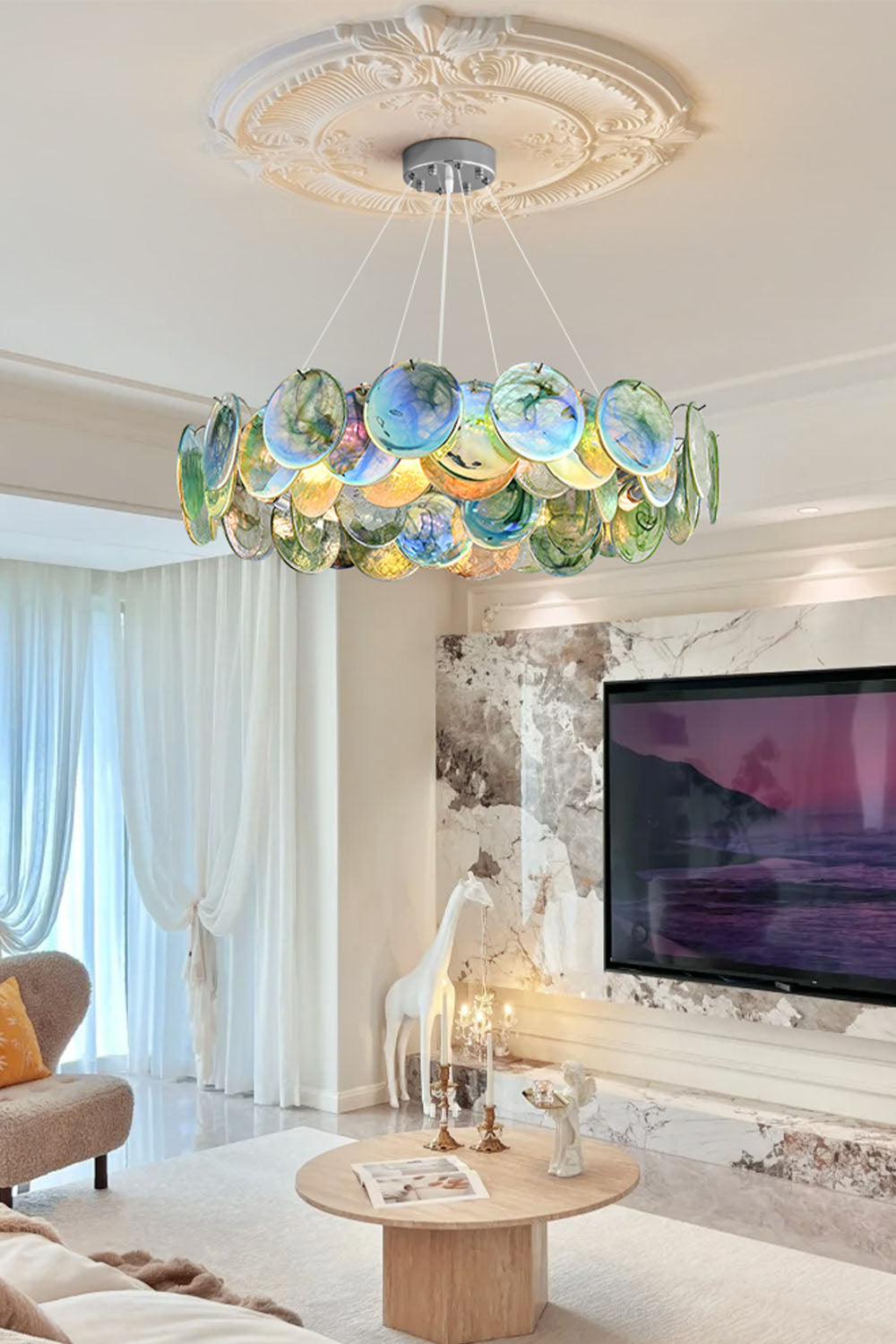 Lampa Wisząca Art Deco z Iryzującymi Szklanymi Kloszami