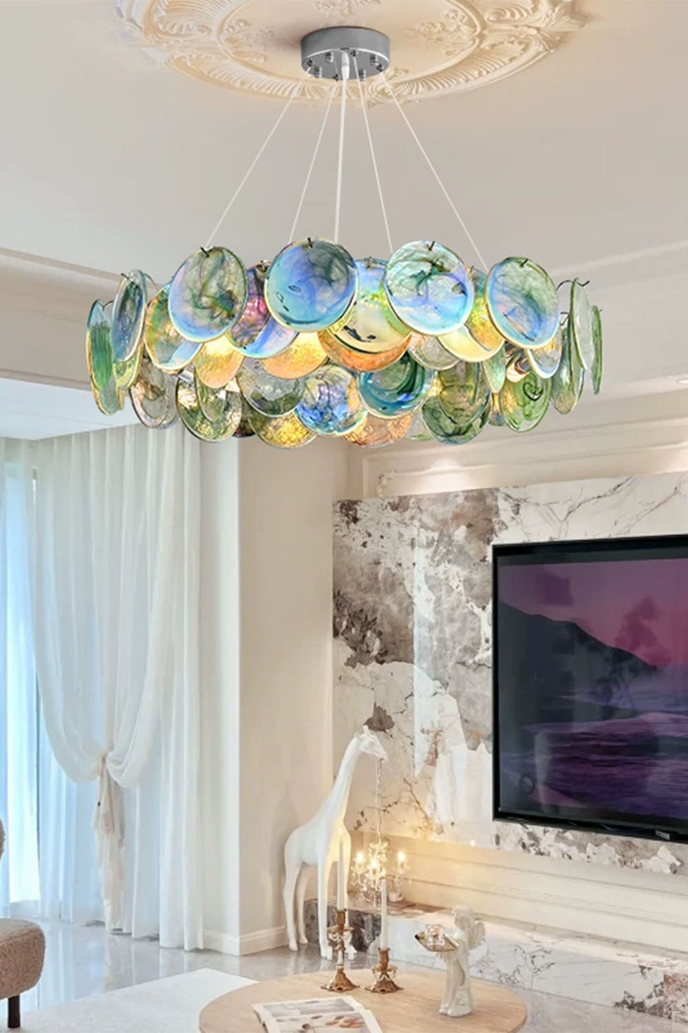 Lampa Wisząca Art Deco z Iryzującymi Szklanymi Kloszami - 4