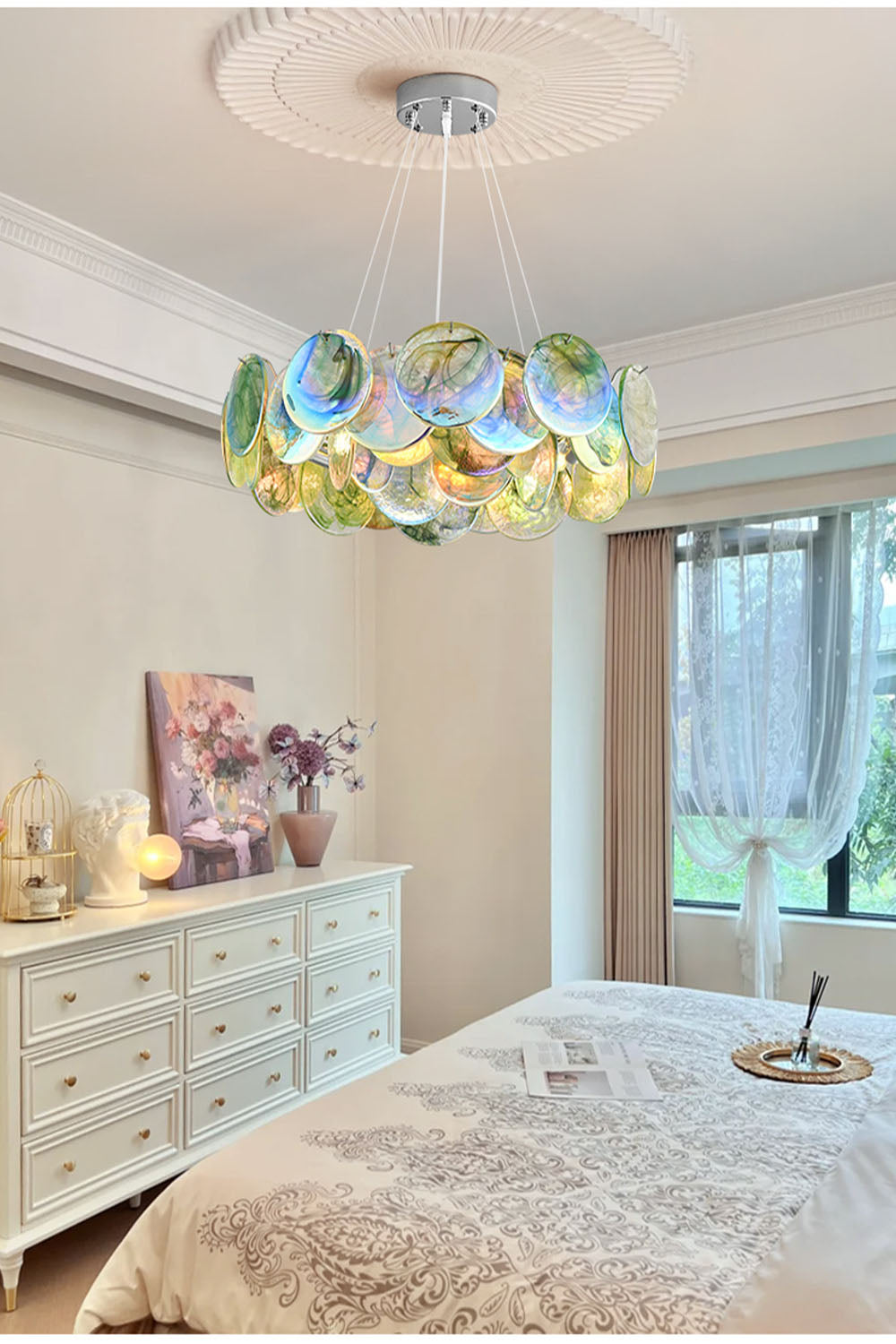 Lampa Wisząca Art Deco z Iryzującymi Szklanymi Kloszami - 7