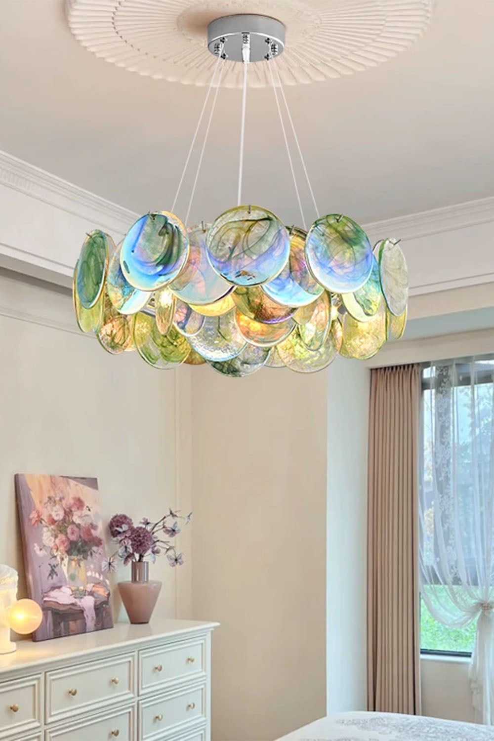 Lampa Wisząca Art Deco z Iryzującymi Szklanymi Kloszami - 8