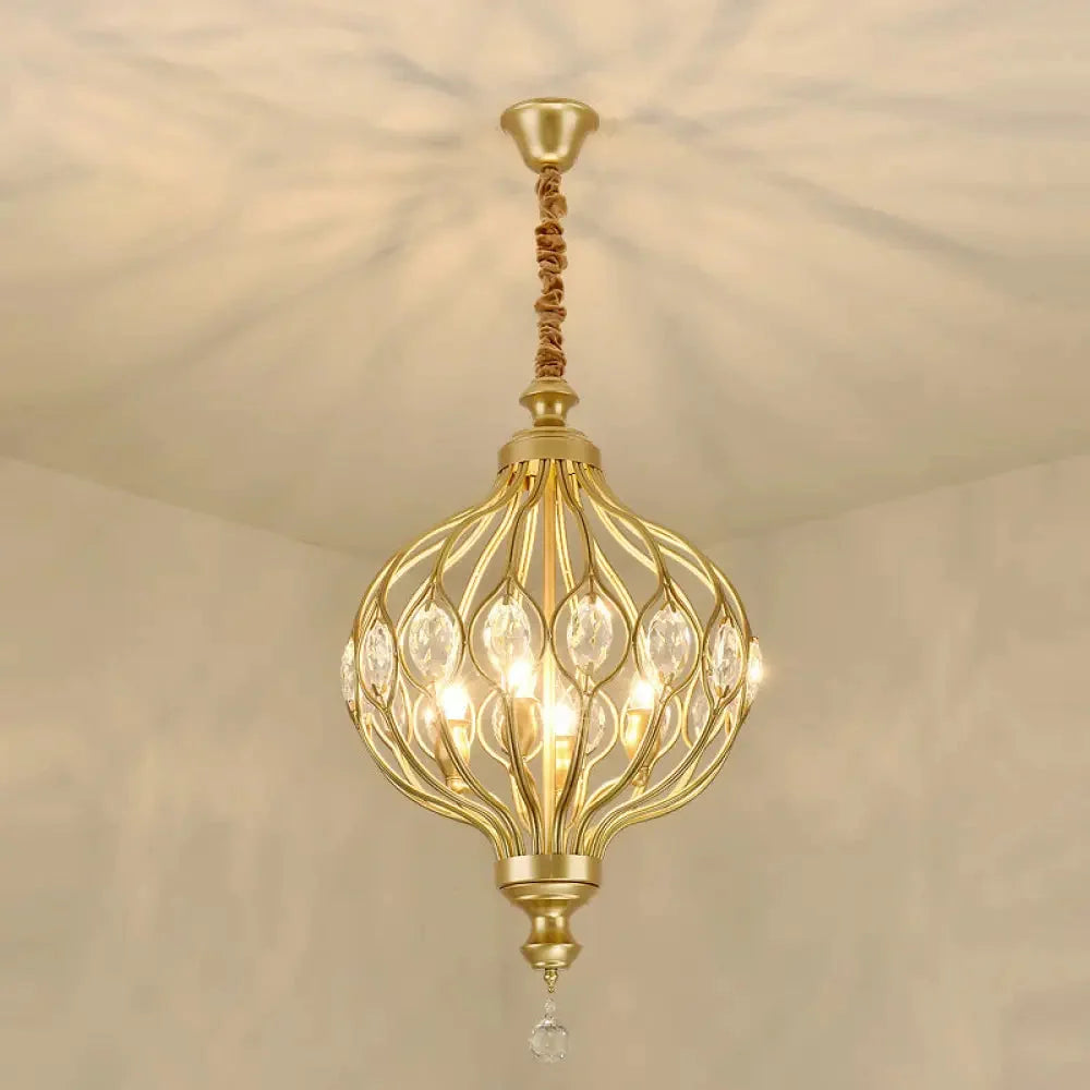 Lampa Wisząca Bohemian z Kryształami i Kloszem w Kształcie Lampionu - Mosiądz