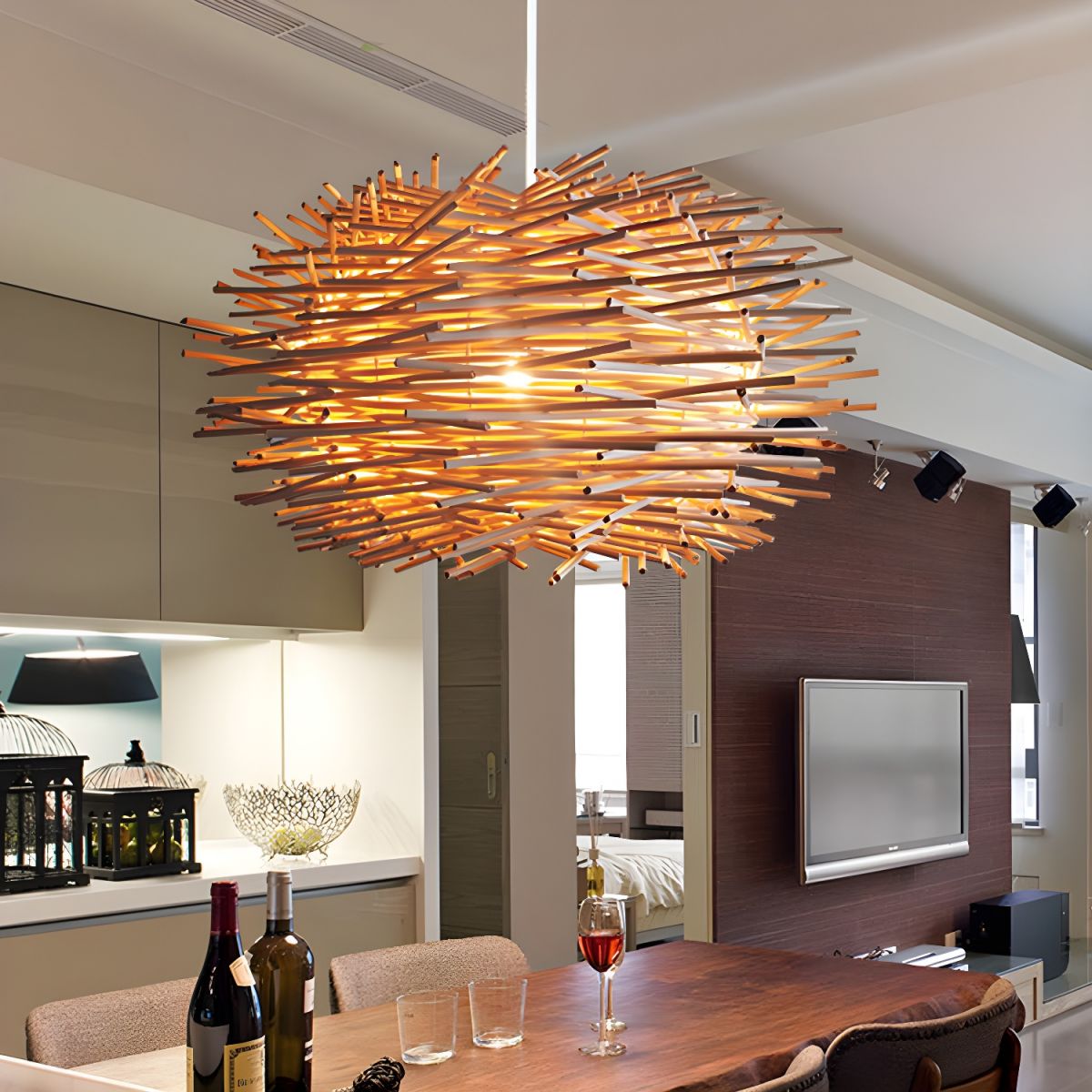 Lampa Wisząca Boho Gniazdo z Rattanu - Drewno