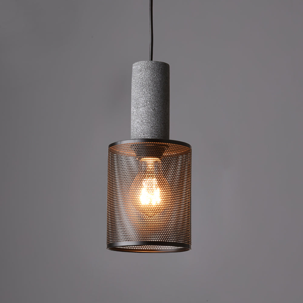 Lampa Wisząca Industrialna z Betonowym Kloszem i Metalową Siatką - Czarny/Szary
