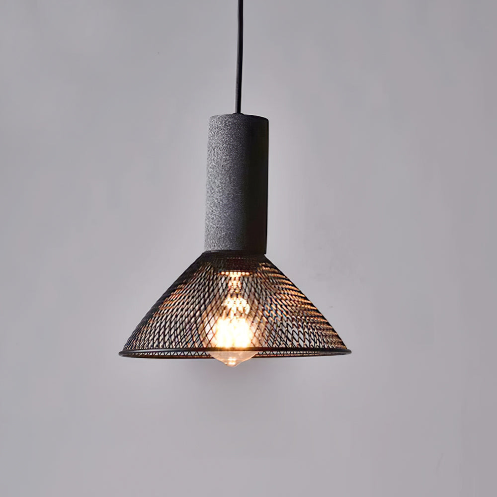 Lampa Wisząca Industrialna z Betonowym Kloszem i Metalową Siatką - Czarny/Szary