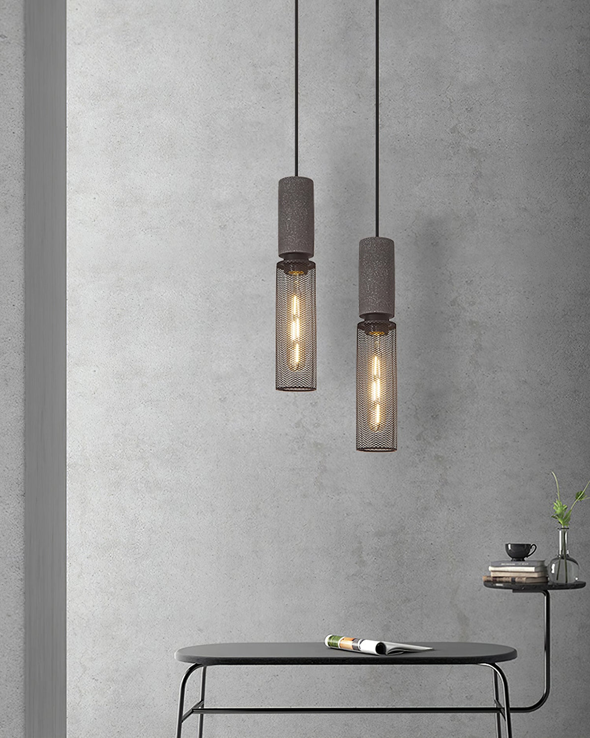 Lampa Wisząca Industrialna z Betonowym Kloszem i Metalową Siatką - 23