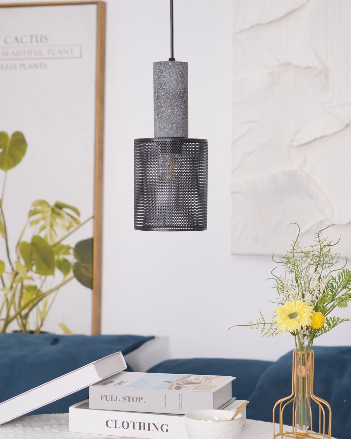Lampa Wisząca Industrialna z Betonowym Kloszem i Metalową Siatką - 28