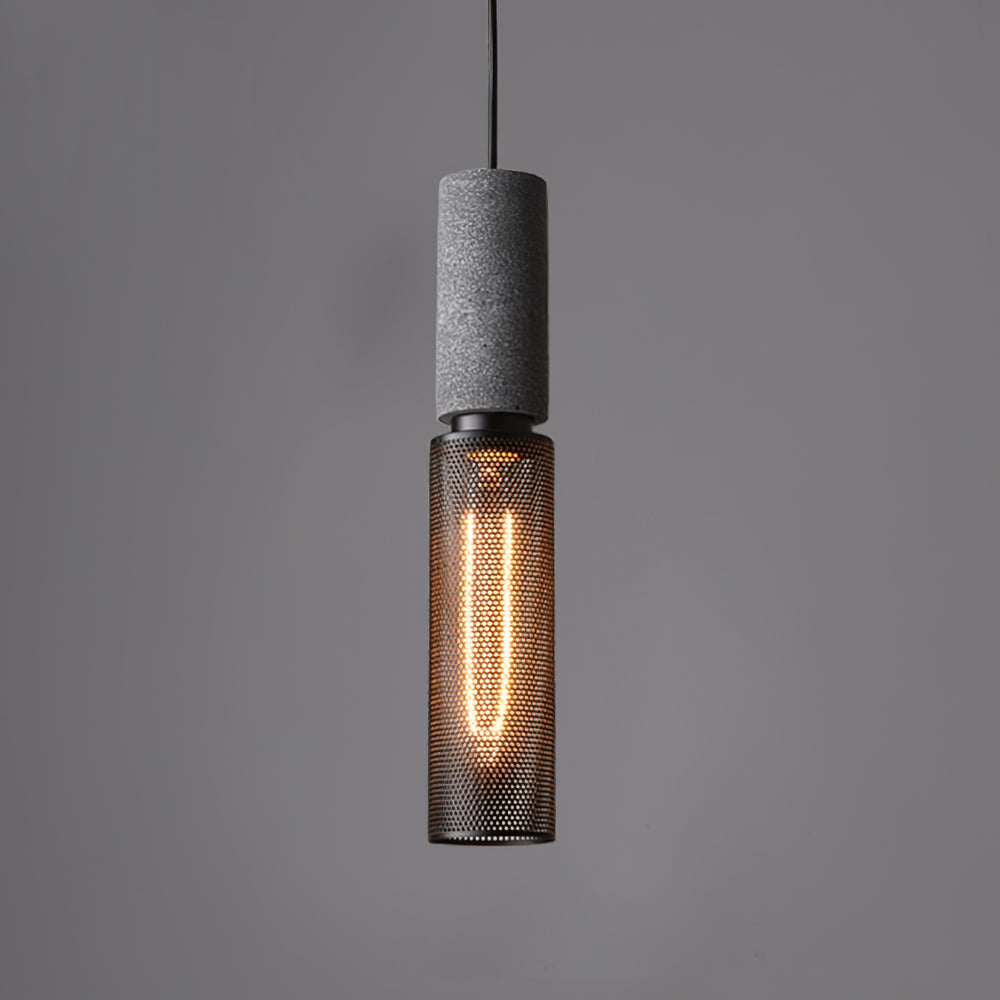 Lampa Wisząca Industrialna z Betonowym Kloszem i Metalową Siatką - Czarny/Szary