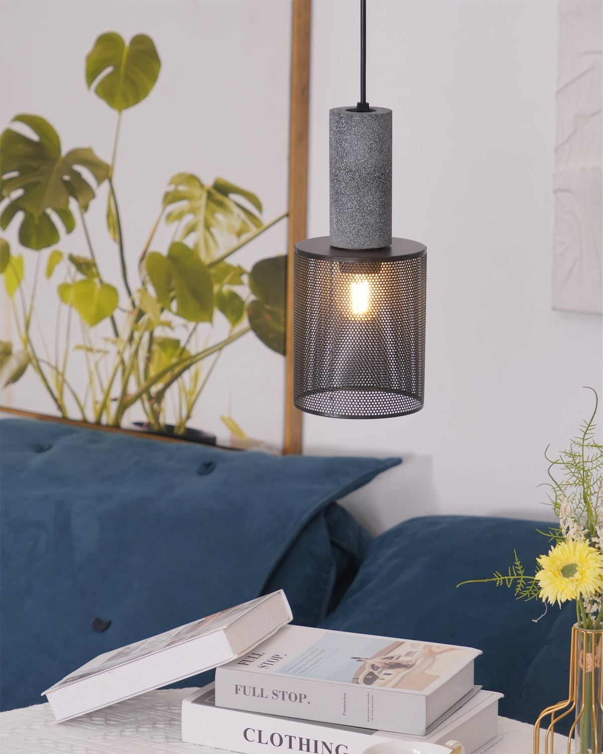 Lampa Wisząca Industrialna z Betonowym Kloszem i Metalową Siatką - 31