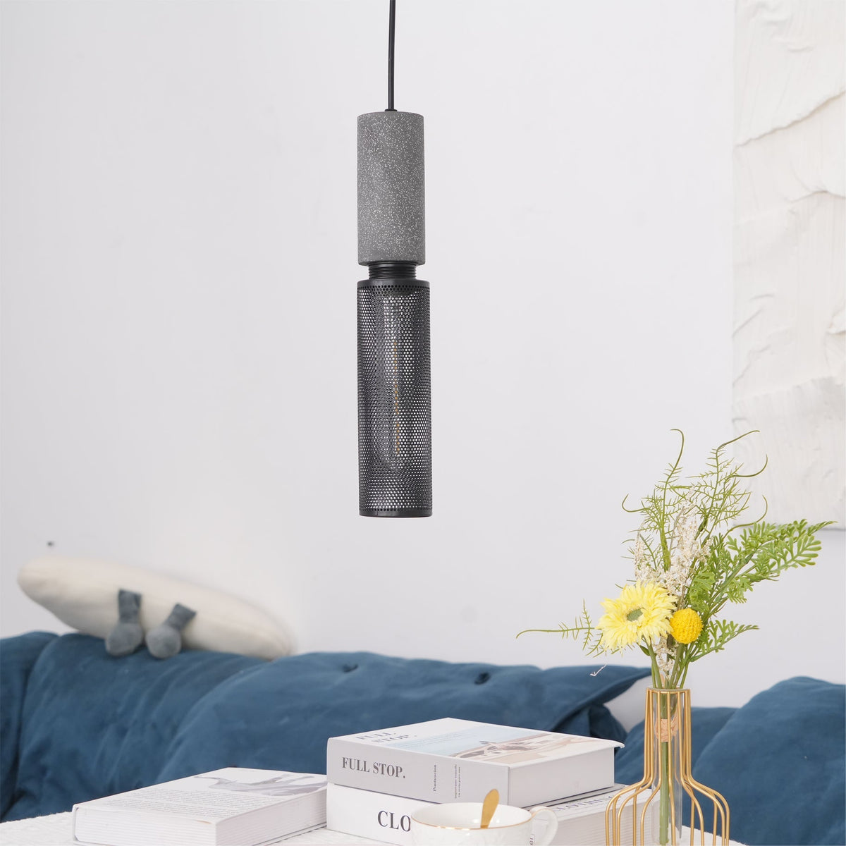 Lampa Wisząca Industrialna z Betonowym Kloszem i Metalową Siatką - 34