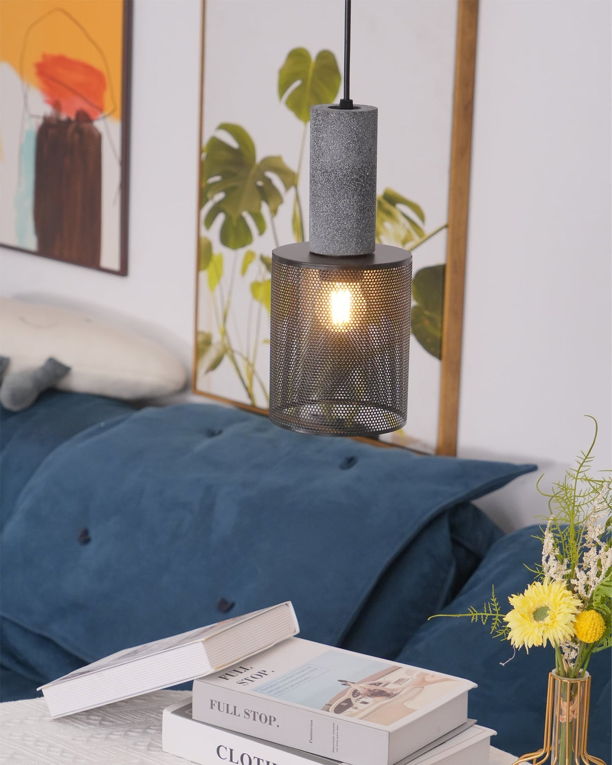 Lampa Wisząca Industrialna z Betonowym Kloszem i Metalową Siatką - 35
