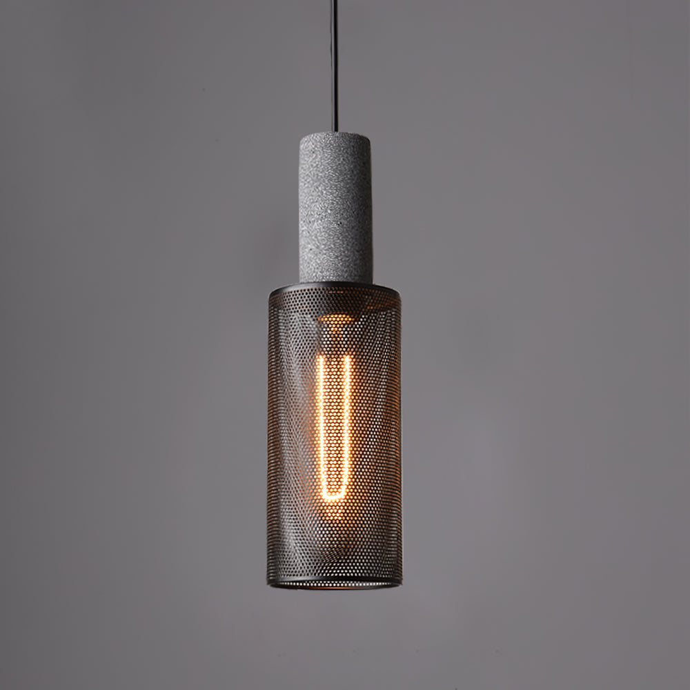 Lampa Wisząca Industrialna z Betonowym Kloszem i Metalową Siatką - Czarny/Szary