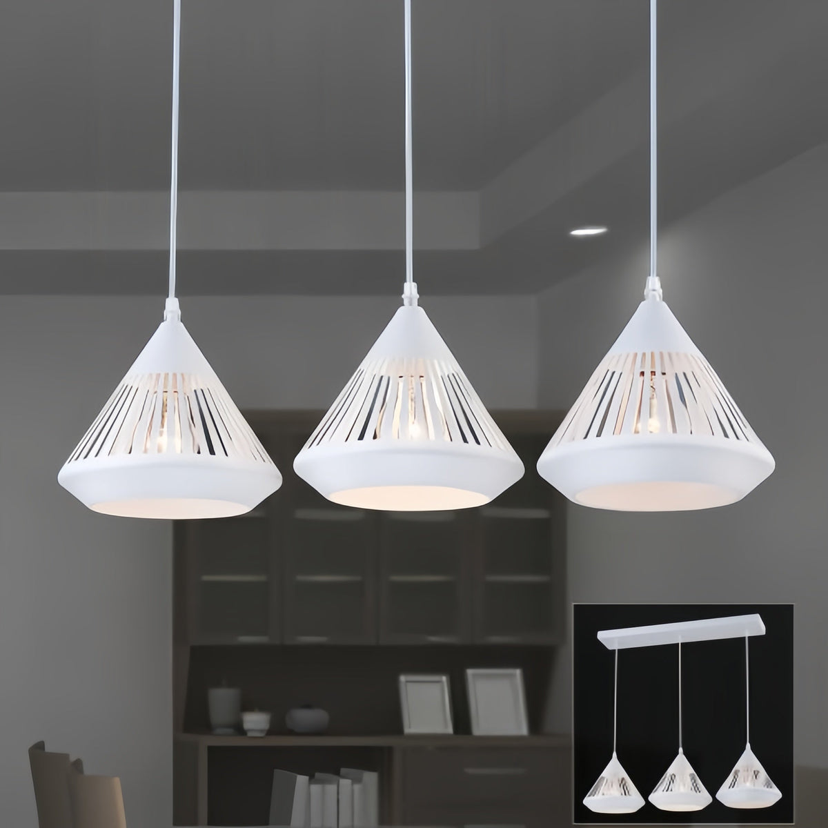 Lampa Wisząca Industrialna Stożkowy Klosz z Paskami - Biały