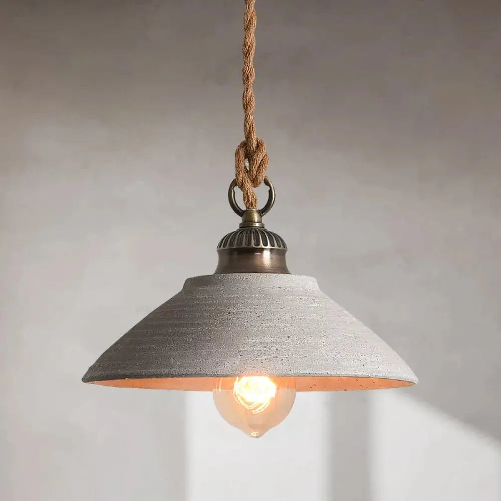 Lampa Wisząca Rustykalna z Konopnym Przewodem i Falistym Kloszem - Szary