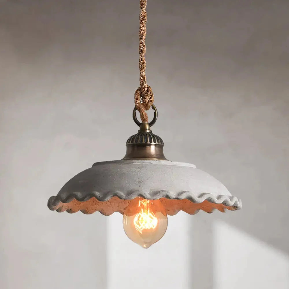 Lampa Wisząca Rustykalna z Konopnym Przewodem i Falistym Kloszem - Szary