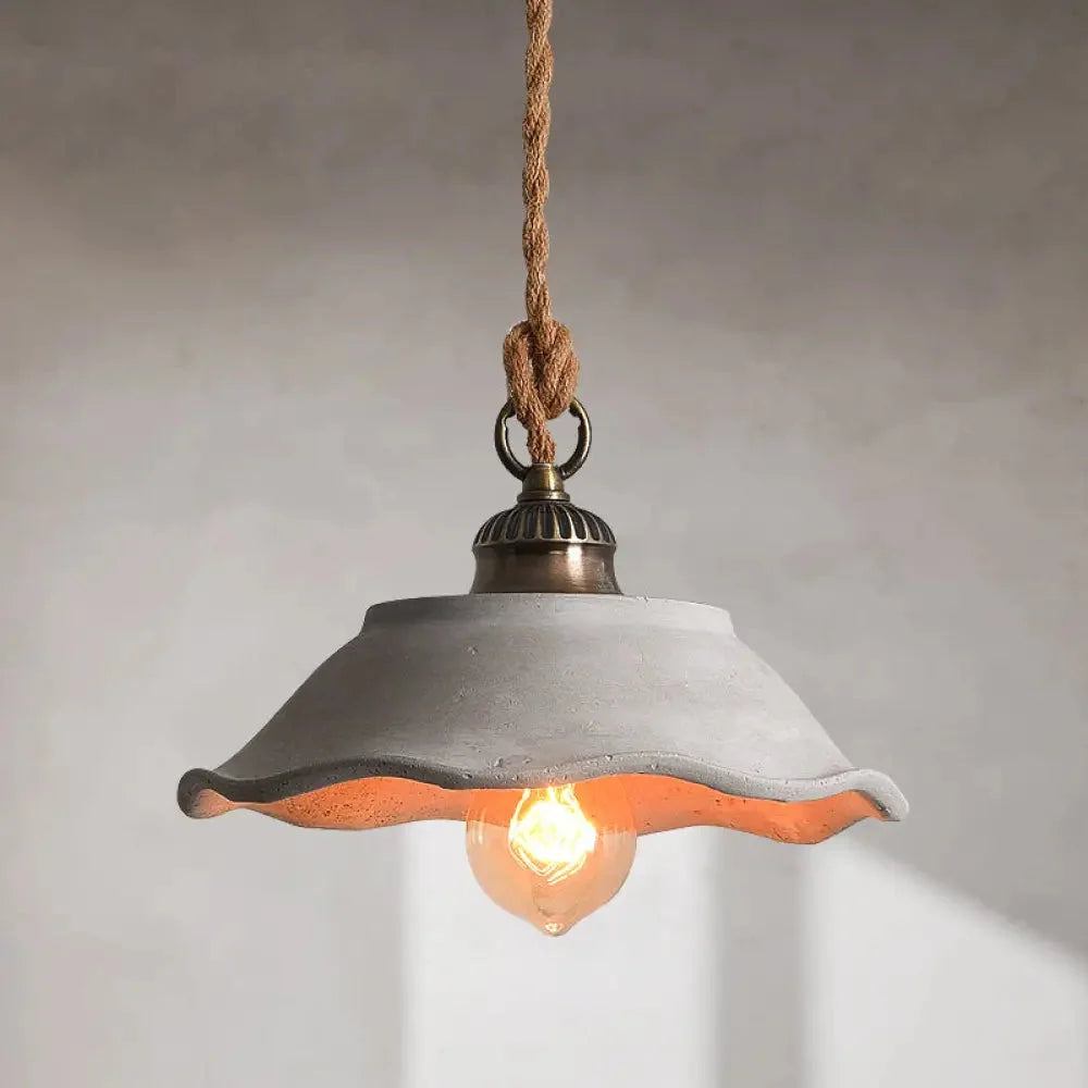 Lampa Wisząca Rustykalna z Konopnym Przewodem i Falistym Kloszem - Szary