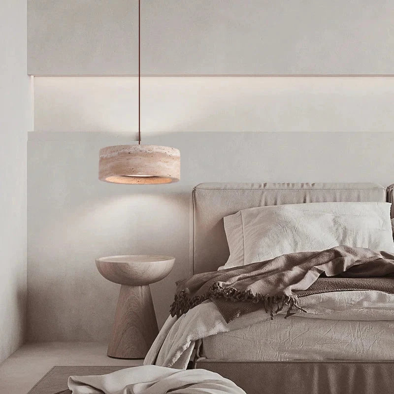 Lampa Wisząca Minimalistyczna z Okrągłym Kloszem z Trawertynu