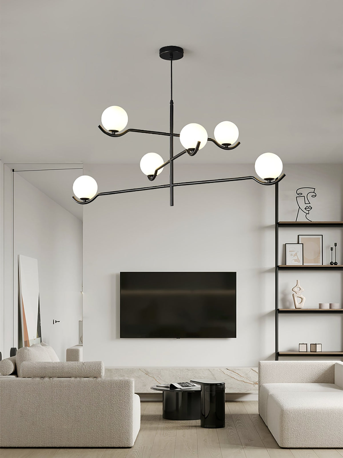 Lampa Wisząca Asymetryczna z Białymi Kulistymi Kloszami - 7
