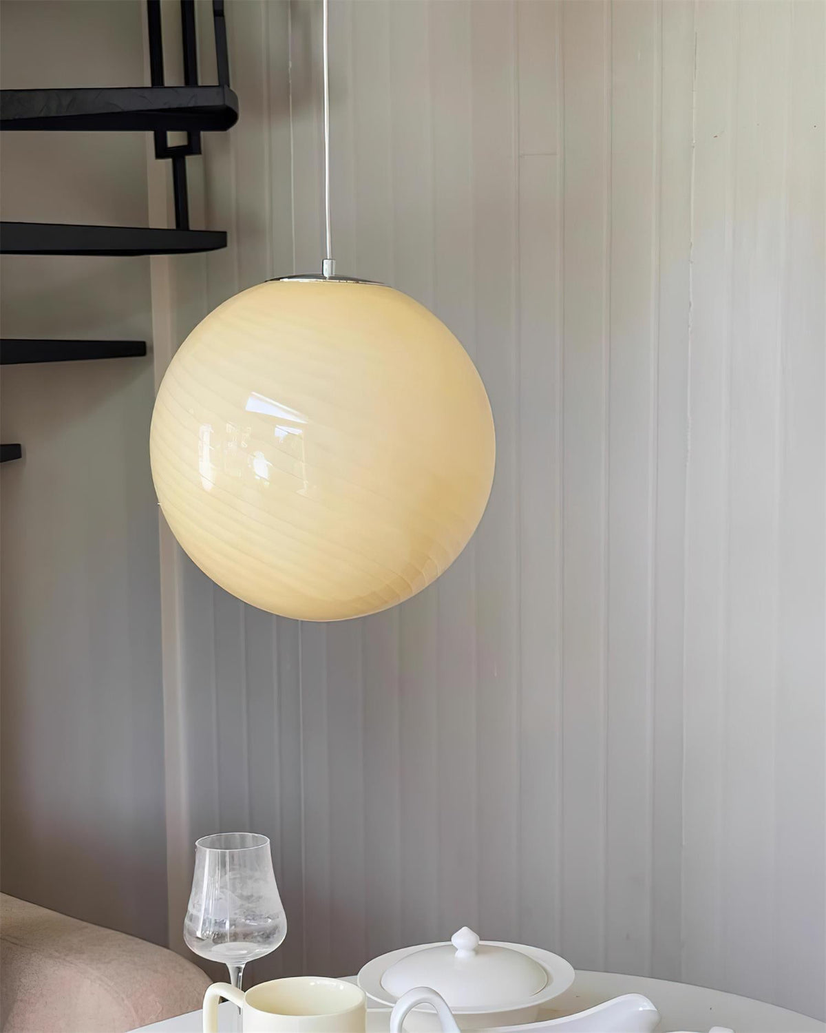 Lampa Wisząca Retro Szklany Klosz Kulisty ze Wzorem Swirl - 6