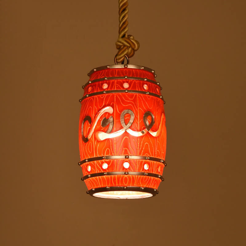 Lampa Wisząca Retro w Kształcie Beczki z Konopnym Sznurem - Czerwony