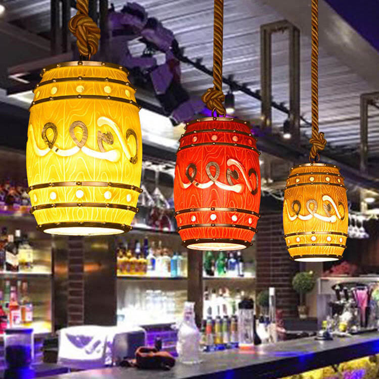 Lampa Wisząca Retro w Kształcie Beczki z Konopnym Sznurem - Pomarańczowy