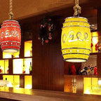 Lampa Wisząca Retro w Kształcie Beczki z Konopnym Sznurem - Żółty