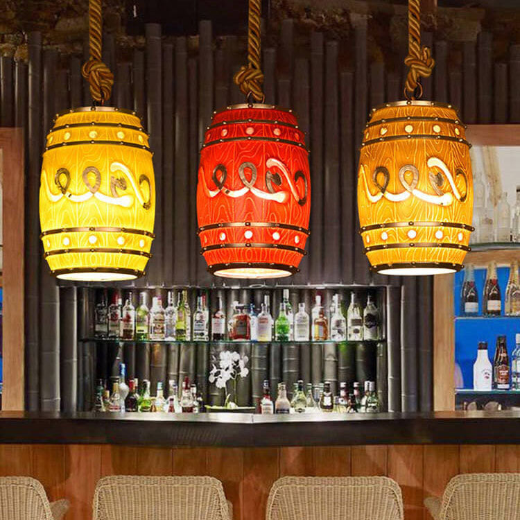 Lampa Wisząca Retro w Kształcie Beczki z Konopnym Sznurem - Czerwony