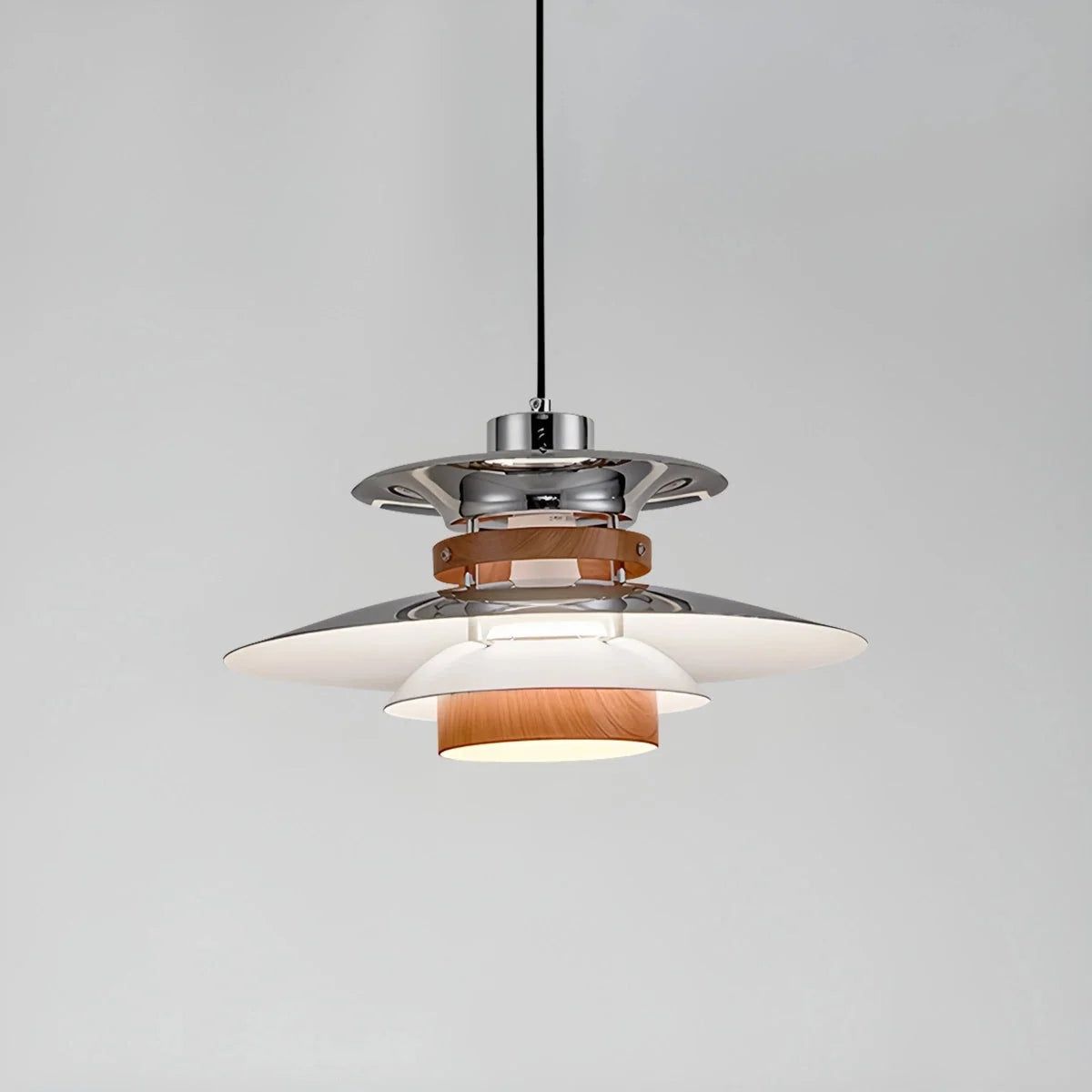 Lampa Wisząca Skandynawska z Kloszem i Drewnianymi Akcentami - Chrom/Orzech