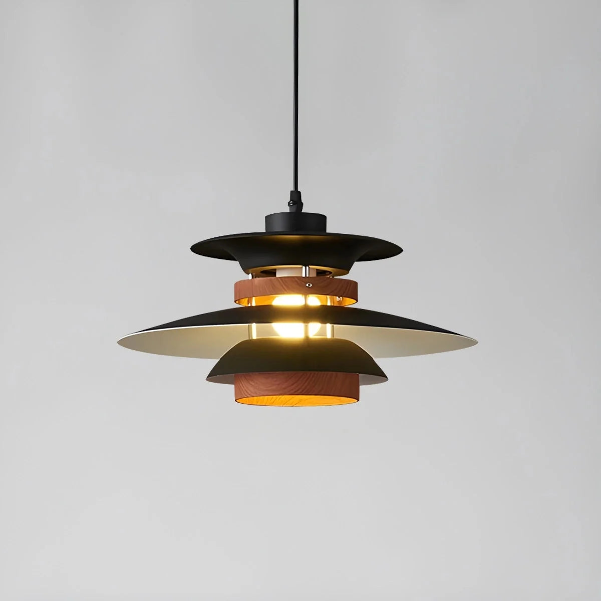 Lampa Wisząca Skandynawska z Kloszem i Drewnianymi Akcentami - Czarny/Drewno