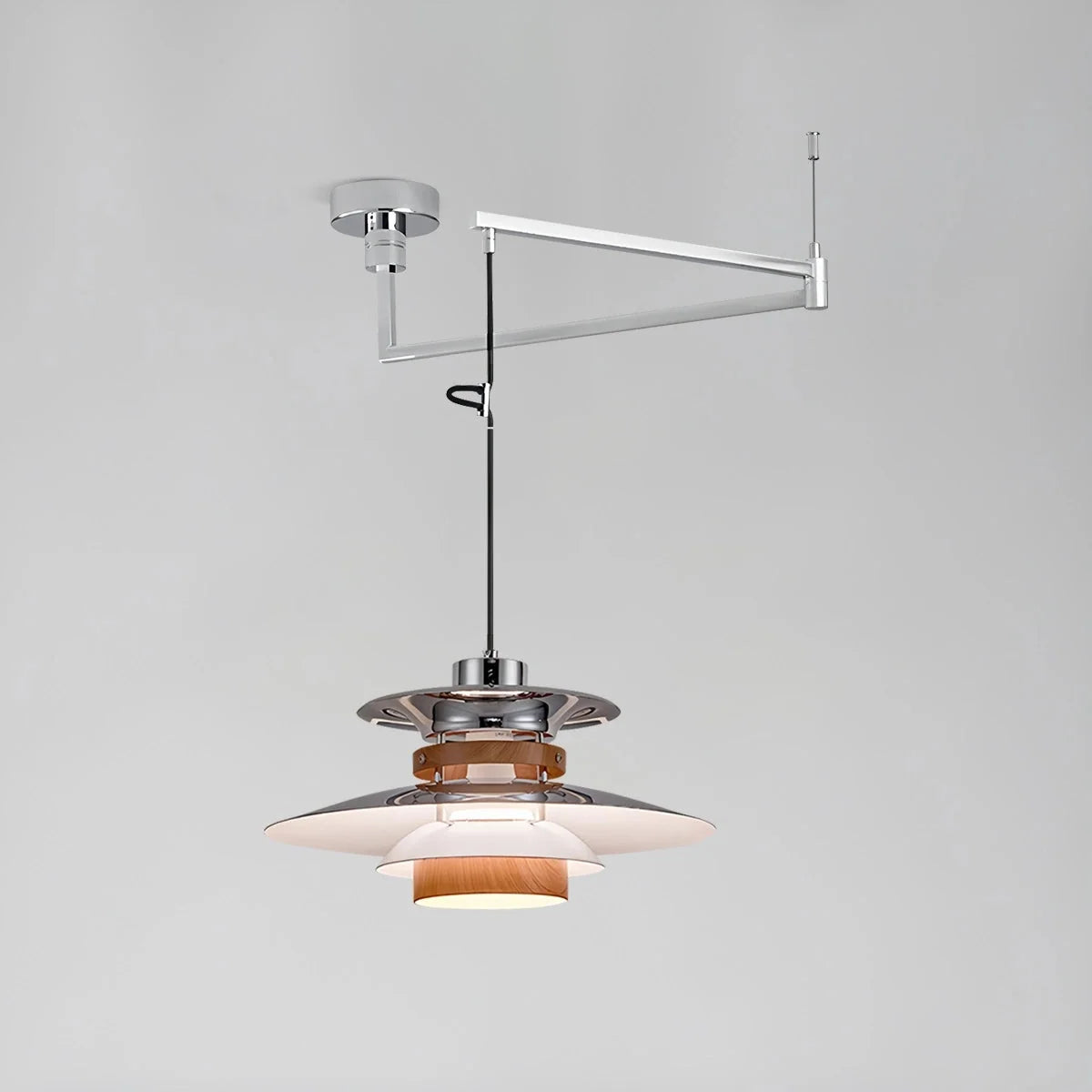 Lampa Wisząca Skandynawska z Kloszem i Drewnianymi Akcentami - Chrom/Orzech - Swing Arm