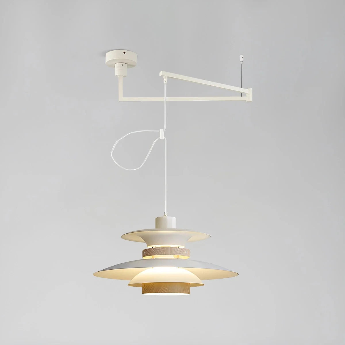 Lampa Wisząca Skandynawska z Kloszem i Drewnianymi Akcentami - Biały/Drewno - Swing Arm