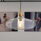 Lampa Wisząca Skandynawska ze Szklanym Kloszem i Drewnianym Detalem - Przezroczysty