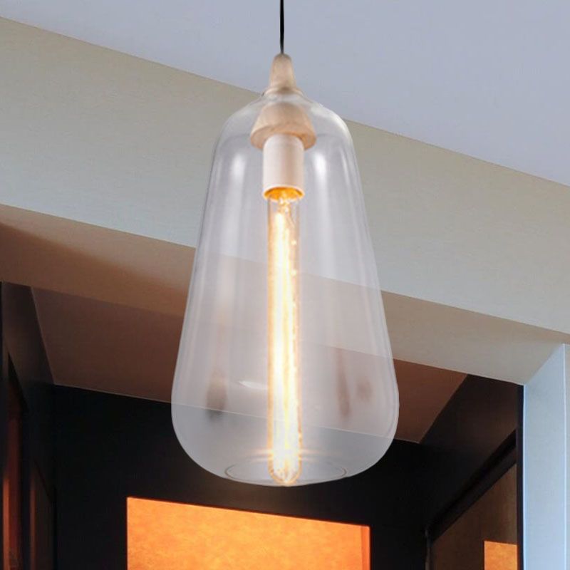 Lampa Wisząca Skandynawska ze Szklanym Kloszem i Drewnianym Detalem - Przezroczysty
