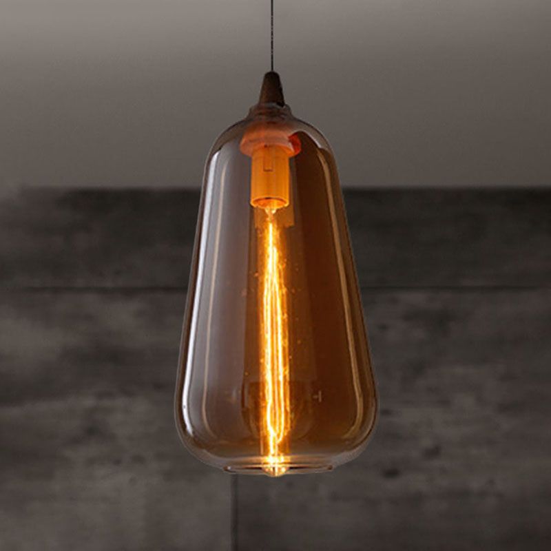 Lampa Wisząca Skandynawska ze Szklanym Kloszem i Drewnianym Detalem - Bursztynowy