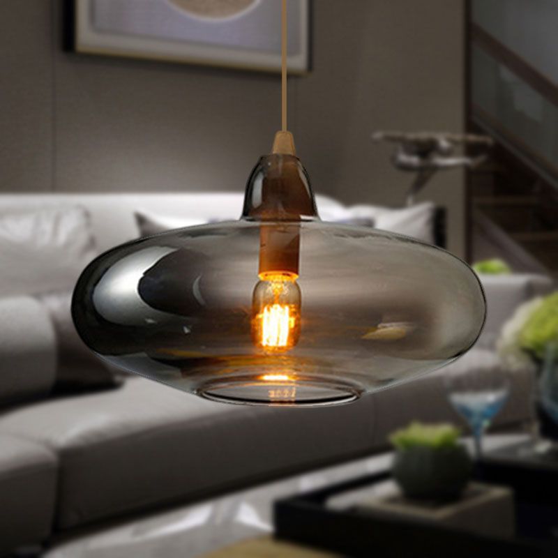 Lampa Wisząca Skandynawska ze Szklanym Kloszem i Drewnianym Detalem - Dymny szary