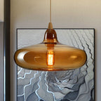 Lampa Wisząca Skandynawska ze Szklanym Kloszem i Drewnianym Detalem - Bursztynowy