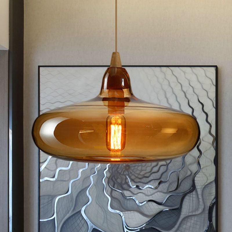 Lampa Wisząca Skandynawska ze Szklanym Kloszem i Drewnianym Detalem - Bursztynowy