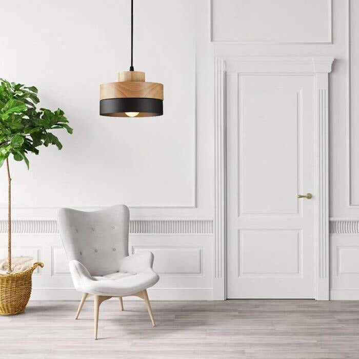 Lampa Wisząca Skandynawska z Drewnianym Kloszem i Metalową Obręczą - 16