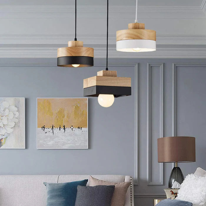 Lampa Wisząca Skandynawska z Drewnianym Kloszem i Metalową Obręczą - 7
