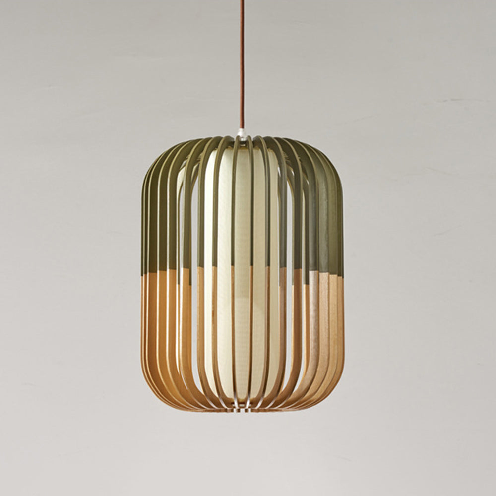 Lampa Wisząca Skandynawska z Drewnianymi Listwami i Tekstylnym Kloszem - 12