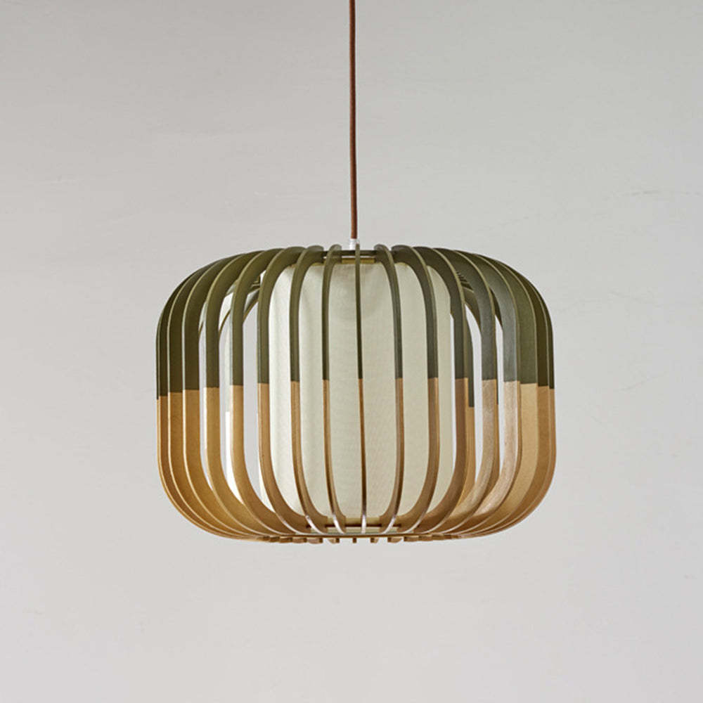 Lampa Wisząca Skandynawska z Drewnianymi Listwami i Tekstylnym Kloszem - 13