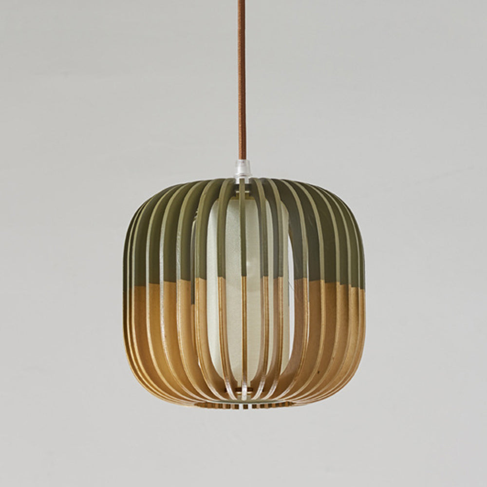 Lampa Wisząca Skandynawska z Drewnianymi Listwami i Tekstylnym Kloszem - 14