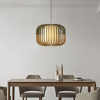 Lampa Wisząca Skandynawska z Drewnianymi Listwami i Tekstylnym Kloszem