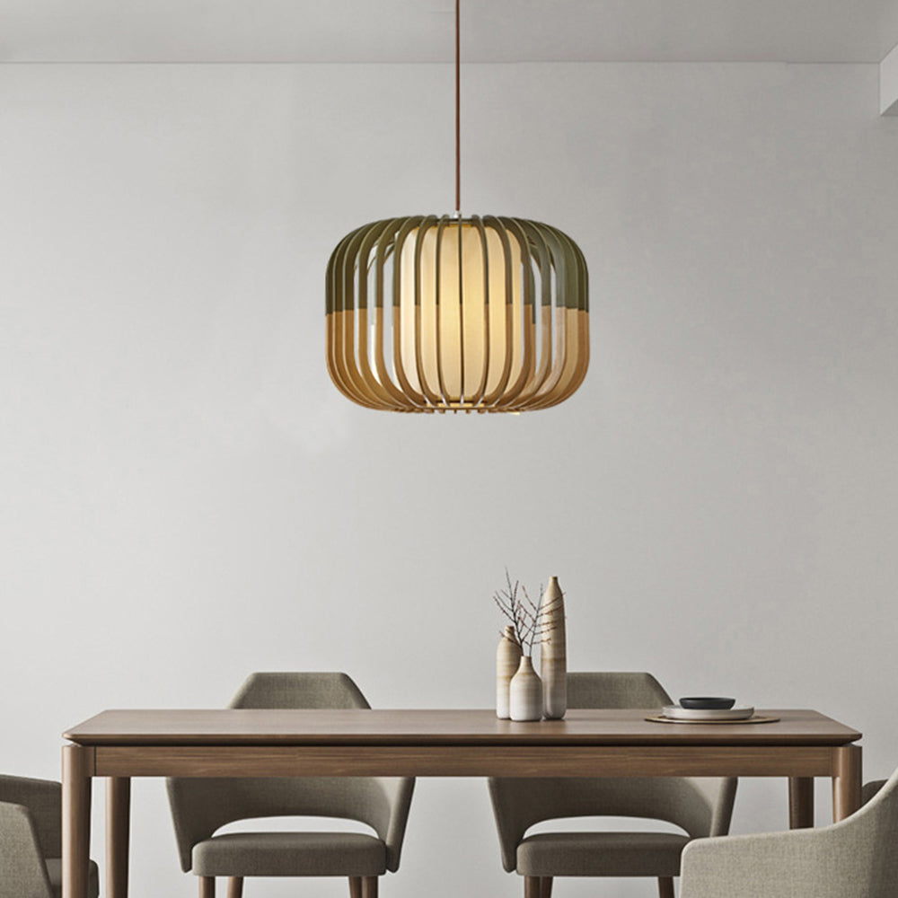 Lampa Wisząca Skandynawska z Drewnianymi Listwami i Tekstylnym Kloszem