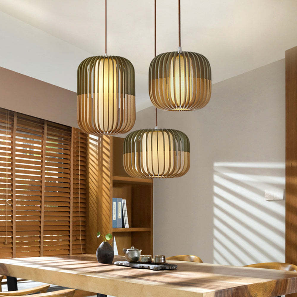 Lampa Wisząca Skandynawska z Drewnianymi Listwami i Tekstylnym Kloszem - 9