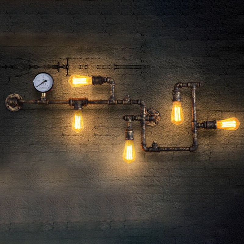 Kinkiet Industrialny Steampunk z Rurami i Manometrem na Pięć Żarówek - Brąz