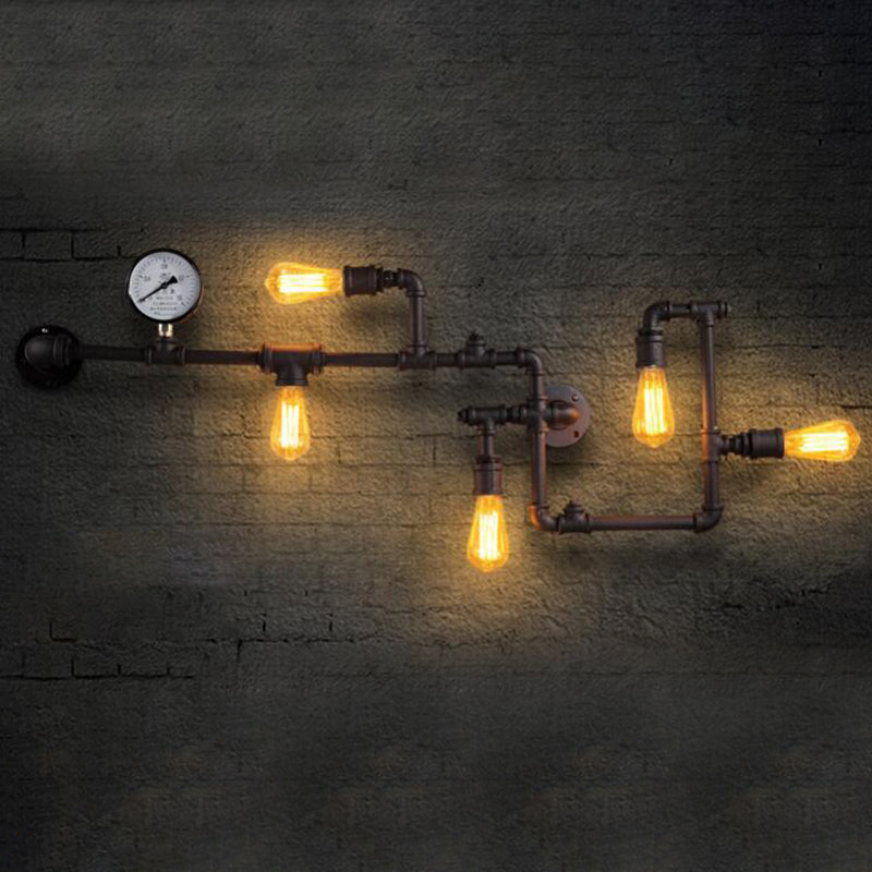 Kinkiet Industrialny Steampunk z Rurami i Manometrem na Pięć Żarówek - Czarny