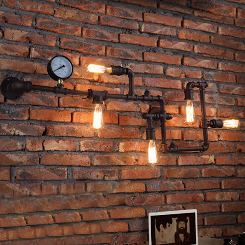 Kinkiet Industrialny Steampunk z Rurami i Manometrem na Pięć Żarówek - 5