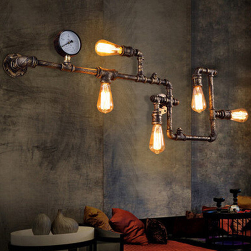 Kinkiet Industrialny Steampunk z Rurami i Manometrem na Pięć Żarówek