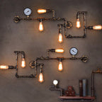 Kinkiet Industrialny Steampunk z Rurami i Manometrem na Pięć Żarówek - 7