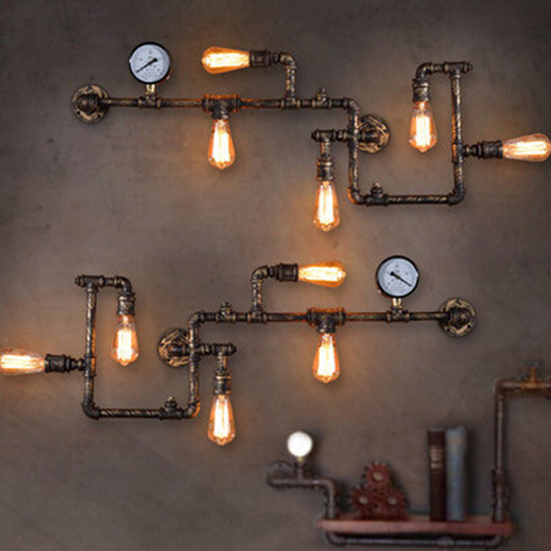 Kinkiet Industrialny Steampunk z Rurami i Manometrem na Pięć Żarówek - 7